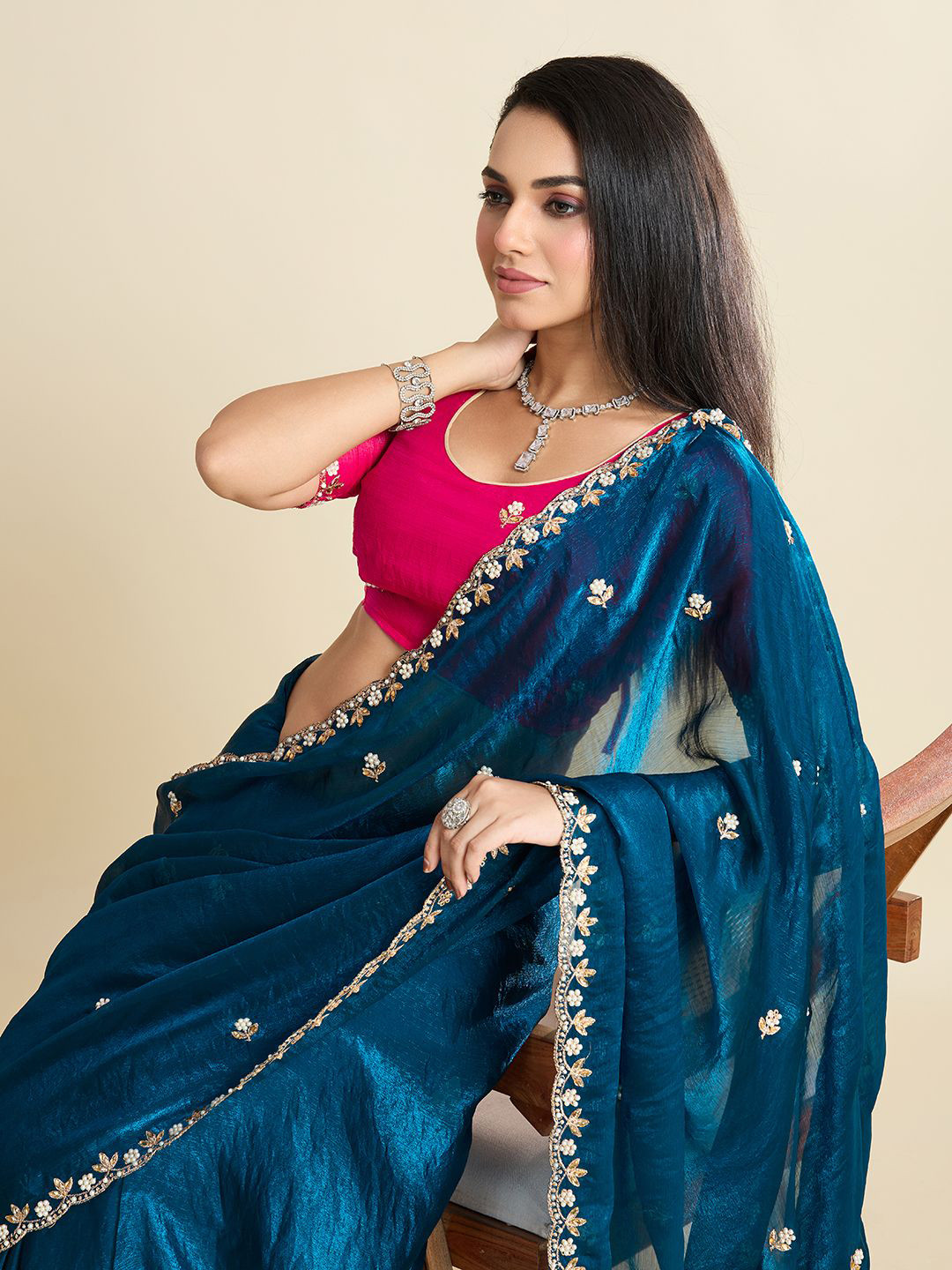 Kandora Women Embroidered Embellished Beads and Stones Pure Chiffon Saree