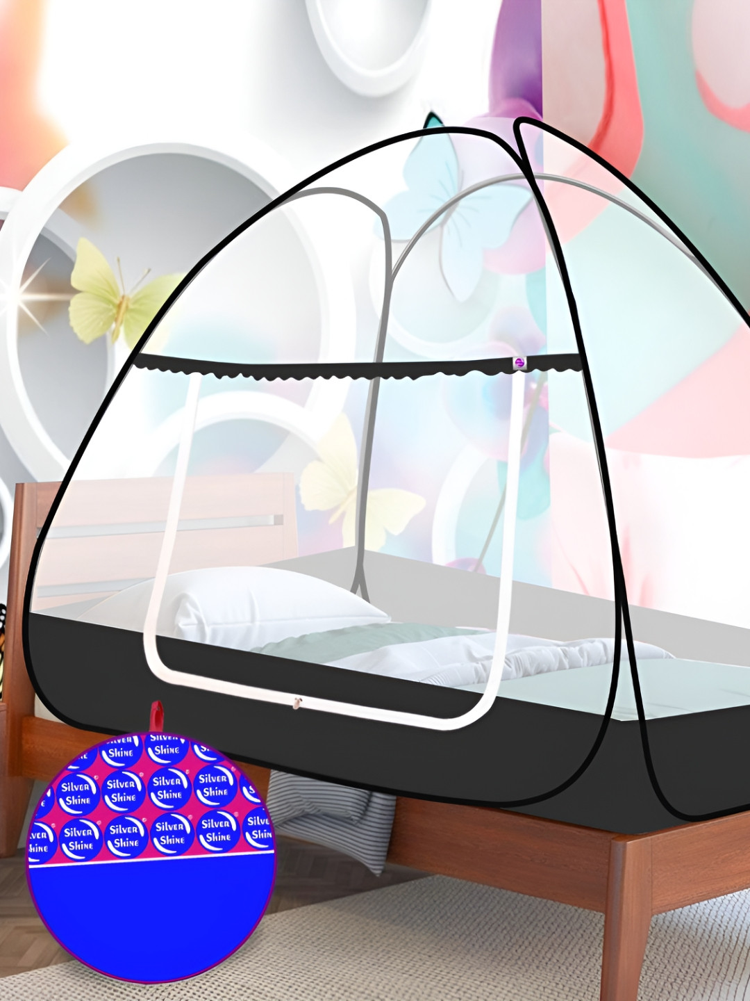 Silver Shine Black Polyester Queen Mosquito Nets