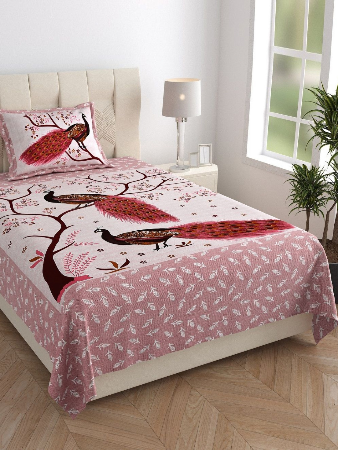 Monik Handicrafts Jaipuri Pink Animal Pure Cotton 144 TC Single Superfine Bedsheet with a Pillow Cover-72 x 48 inches