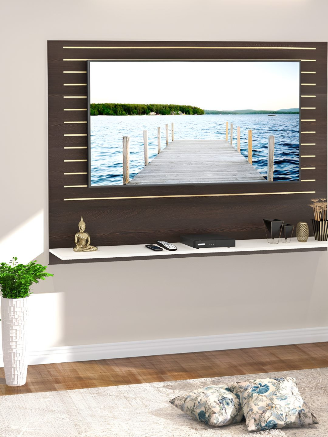 bluewud Reyloye Brown & White Wooden Wall Mount TV Entertainment Unit