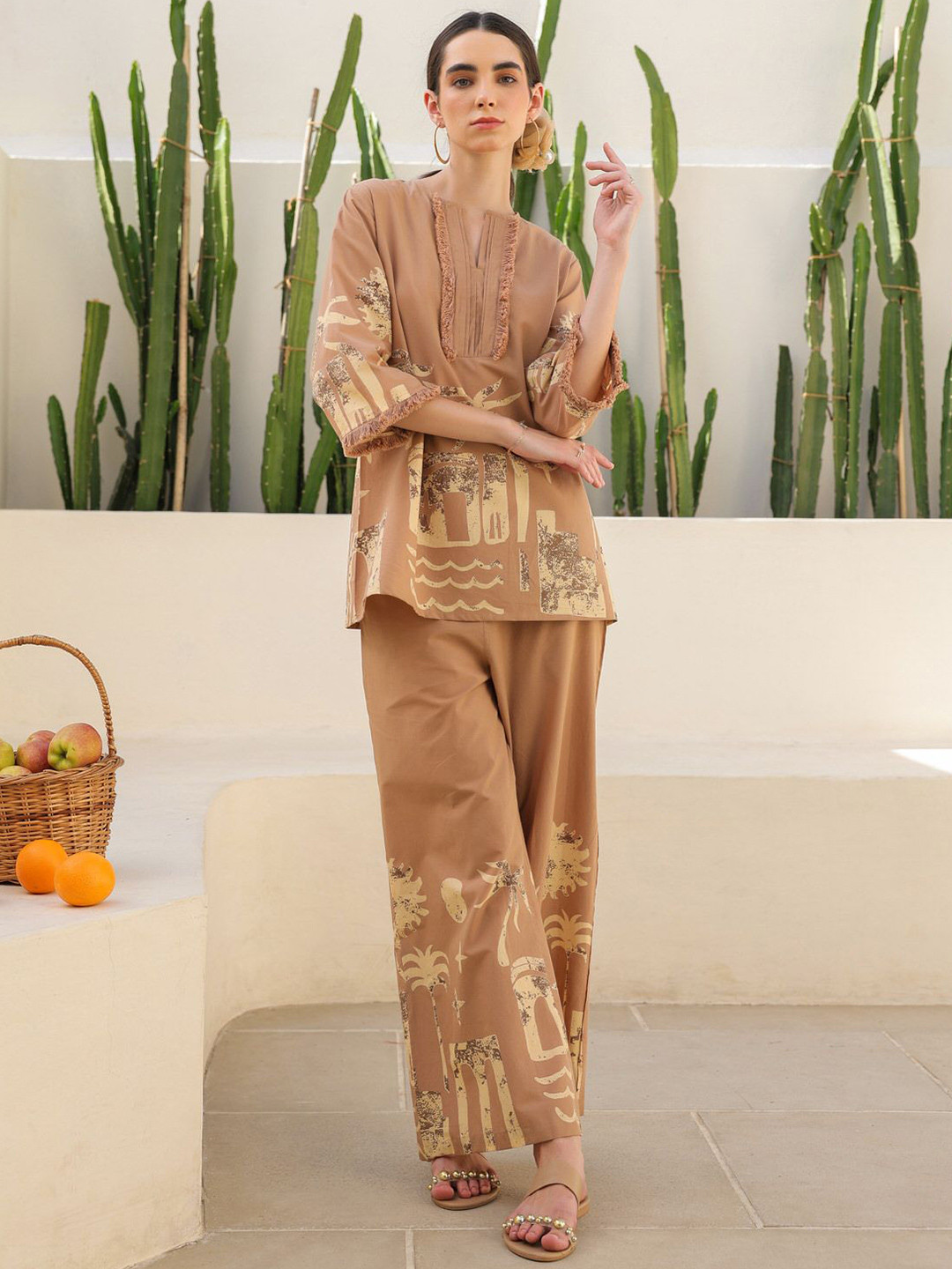 JISORA Women's Brown Printed Cotton Top With Trousers Co-Ord Set