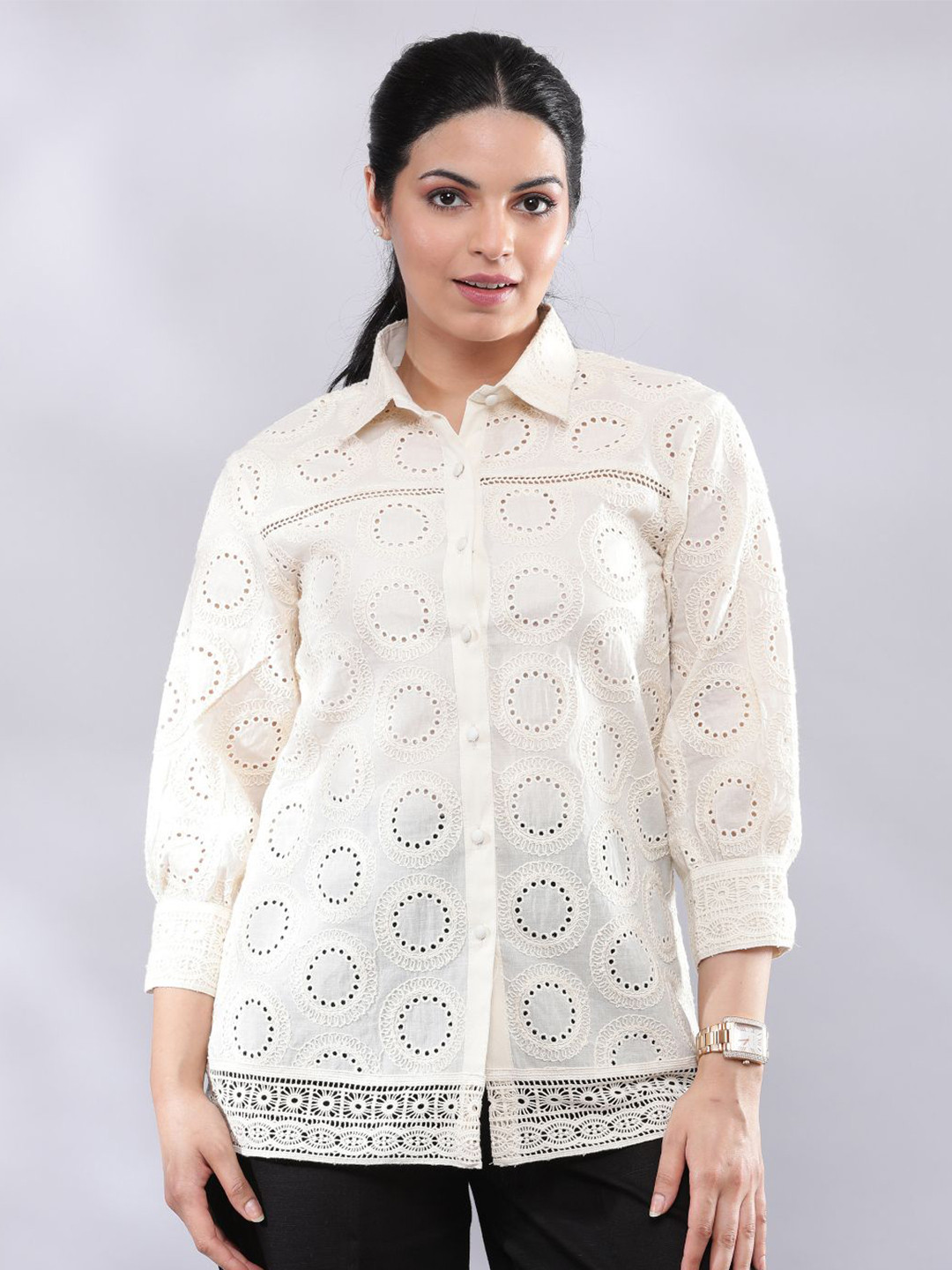 BohoJazz Women Cotton Schiffli Shirt Style Top