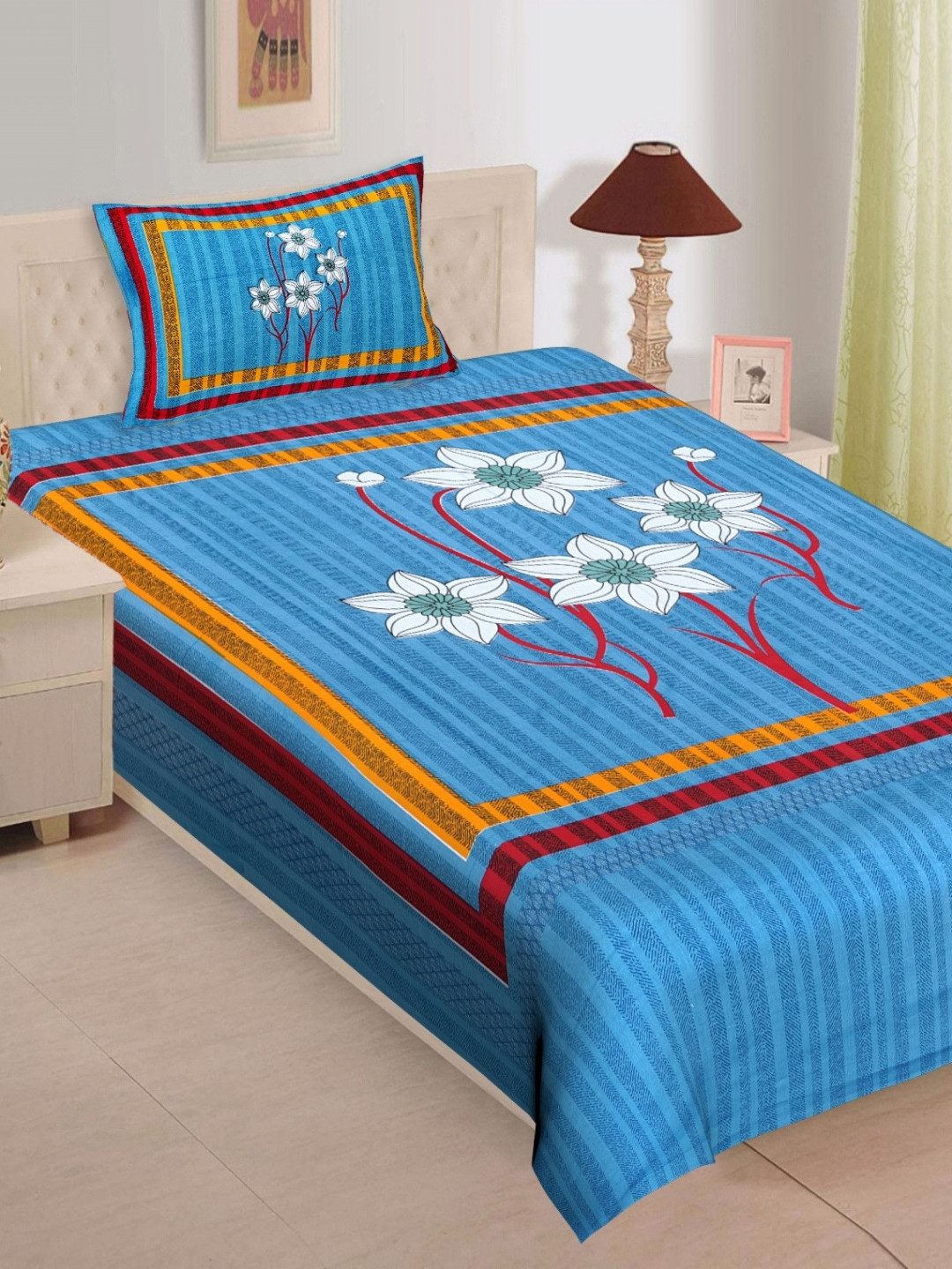 POORAK Blue Floral Cotton Breathable 104 TC Single Coarse Bedsheet with a Pillow Cover-160.1 x 90 inches