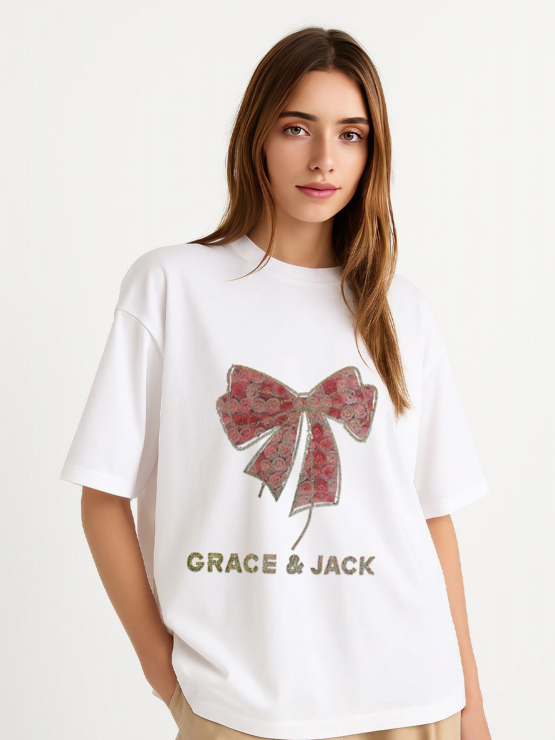 GRACE & JACK Women Crystal Bow Pink Polka Ribbon with Diamond Detail T-shirt