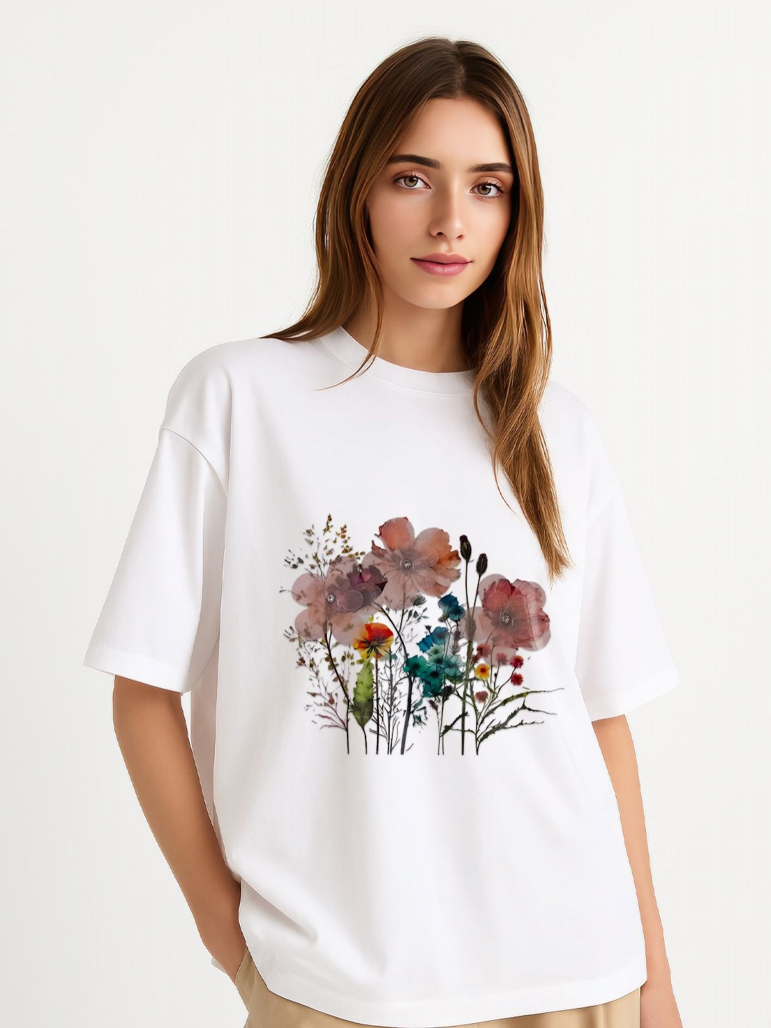 GRACE & JACK Women White Cotton 3D Floral Embroidered Oversized T-shirt