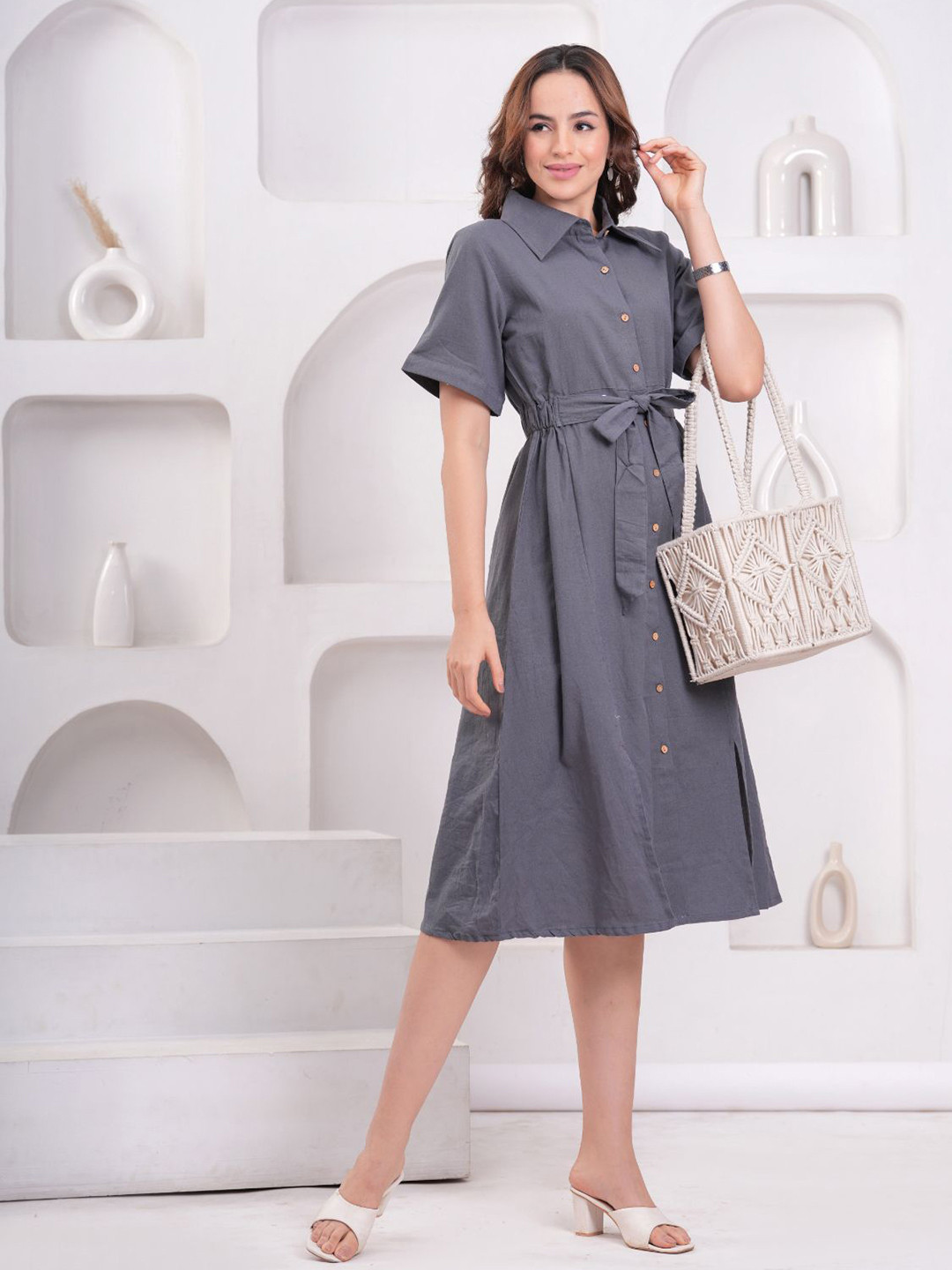 OH MI DIOS Shirt Collar Shirt Midi Dress