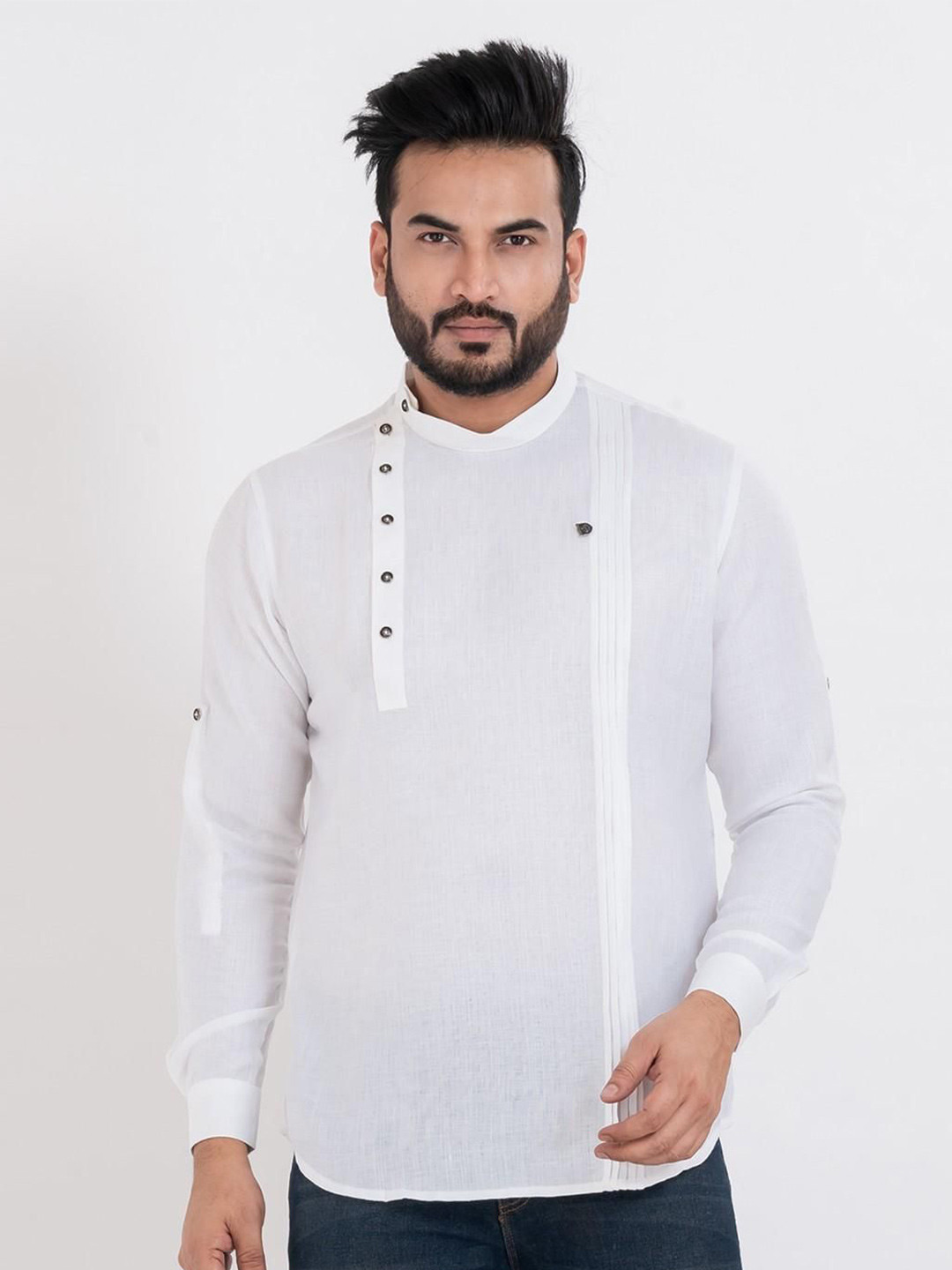 Sultan The King Of Kurta Band Collar Pleated Cotton Short Kurta