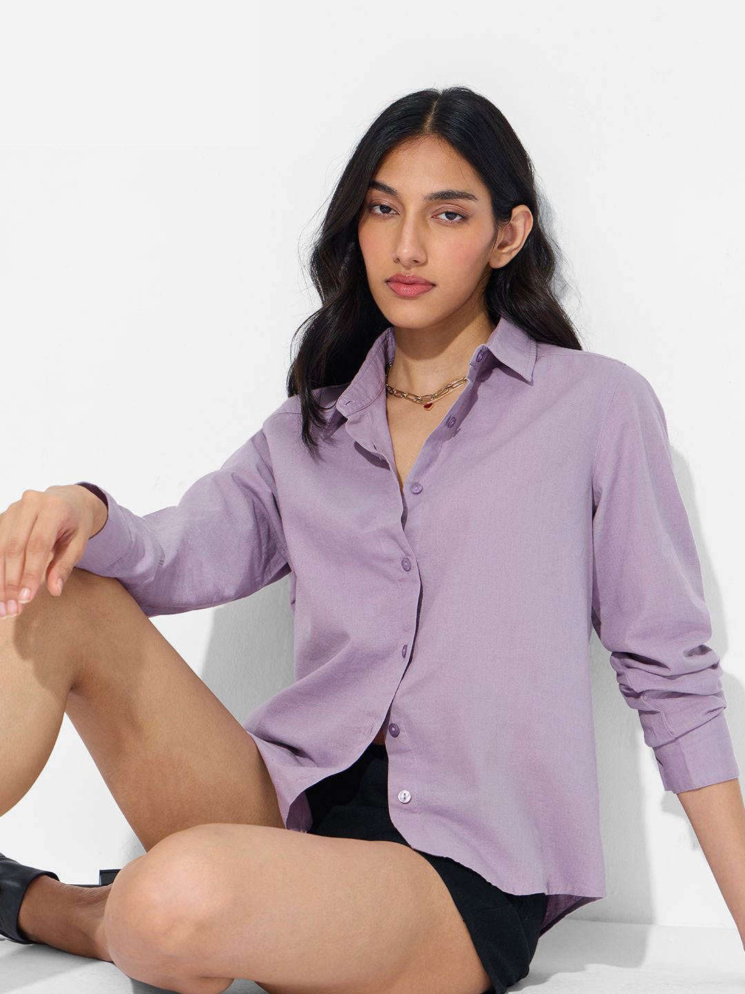 The Souled Store Roll-Up Sleeves Cotton Linen Casual Shirt