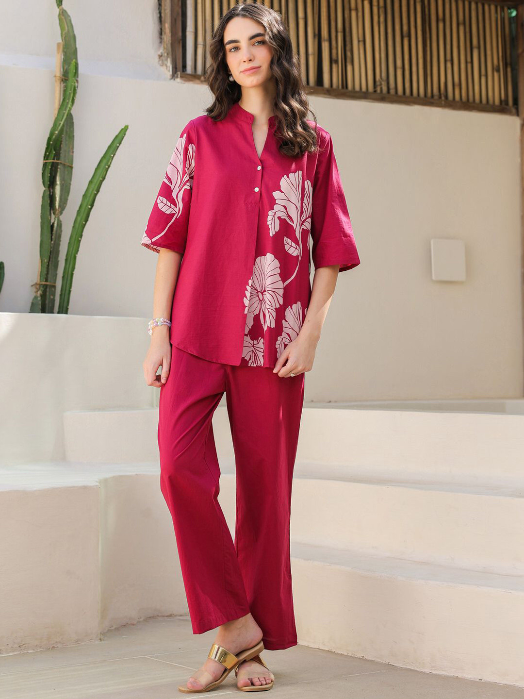 JISORA Women's Pink Printed Cotton Top With Trousers Co-Ord Set