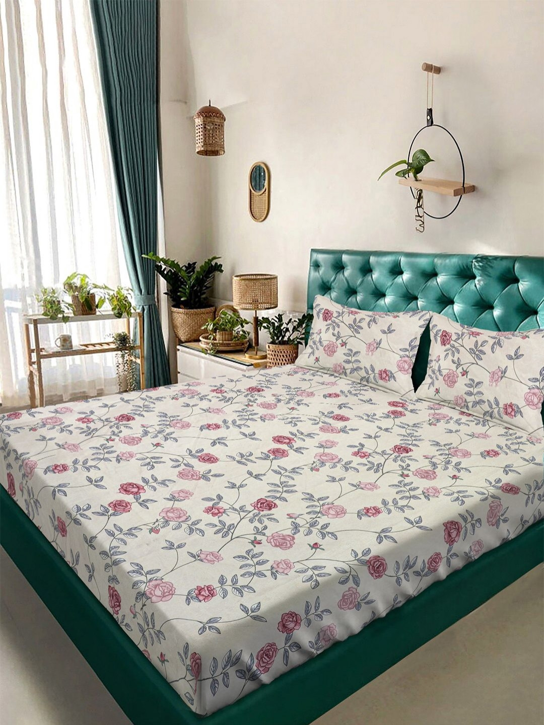 Aura White & Pink Floral Printed 350 TC King Bedsheet Set 2.50 m x 2.15 m