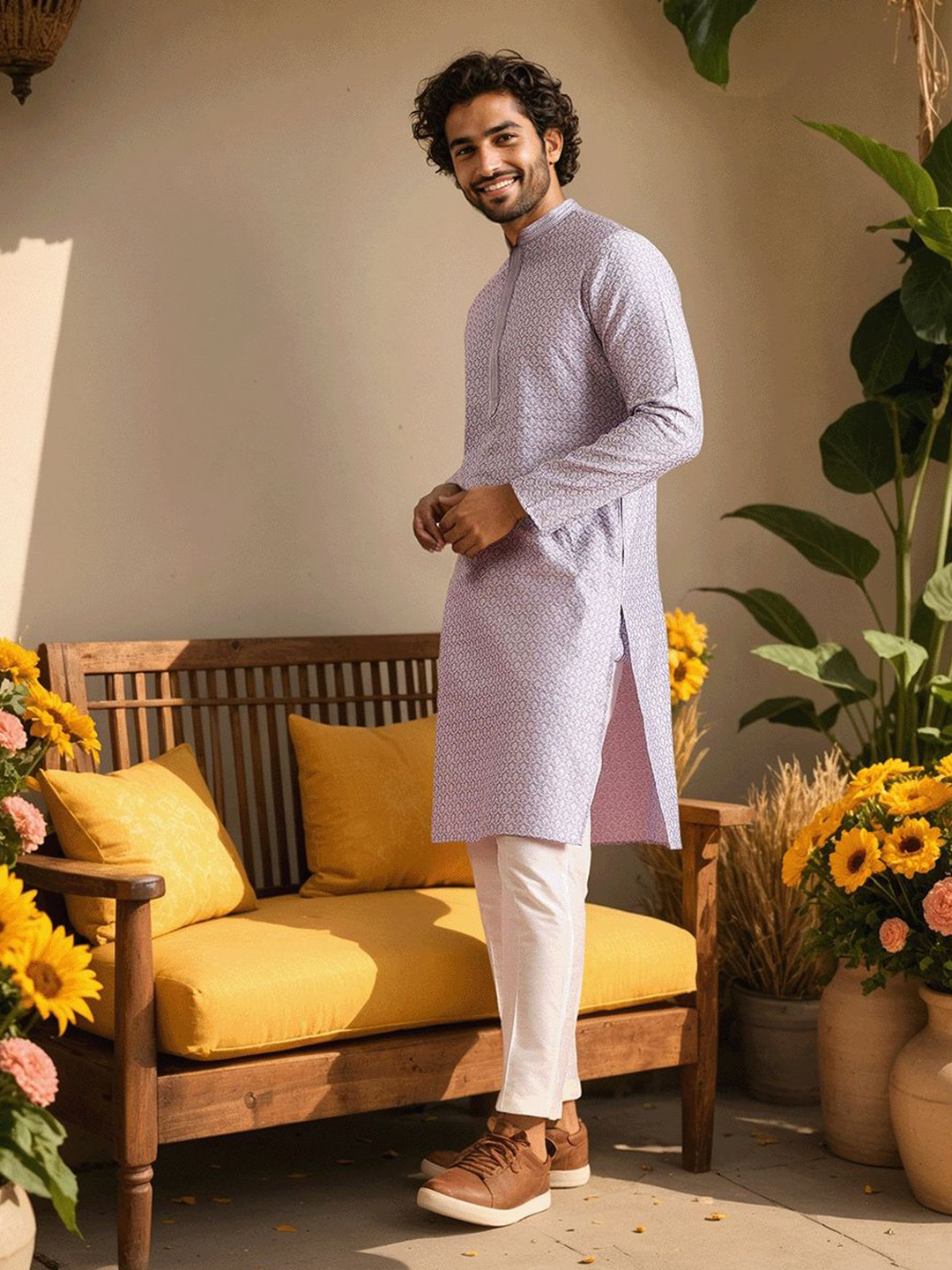 KISAH Men Lavender Jacquard Kurta