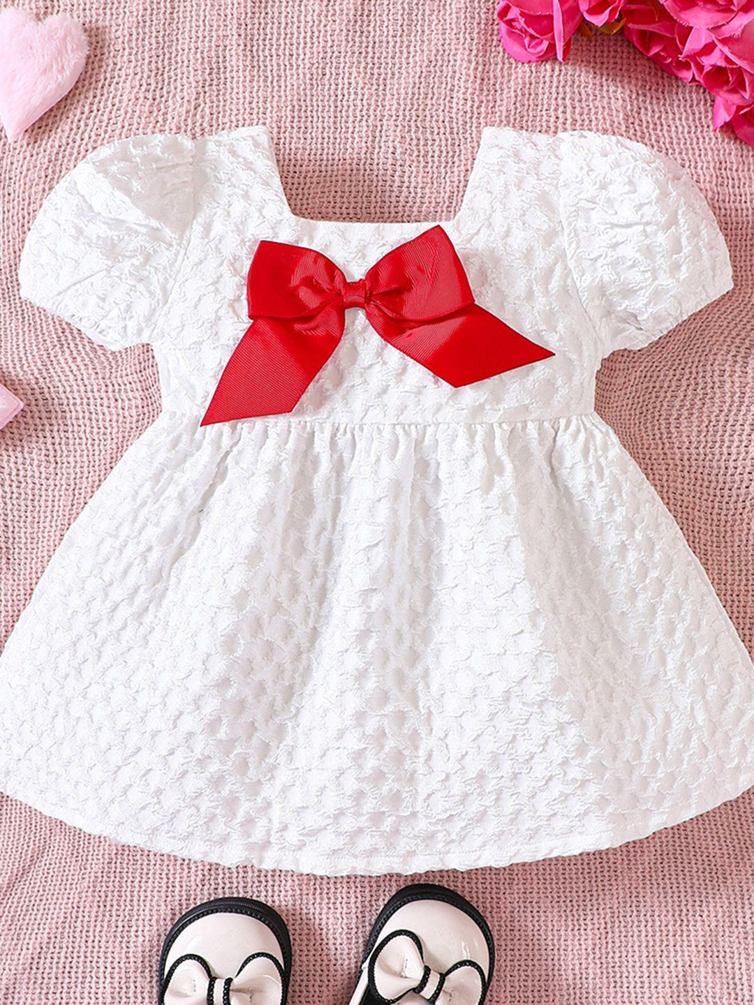 YK Girls Self Design Square Neck Bow Fit and Flare Dress