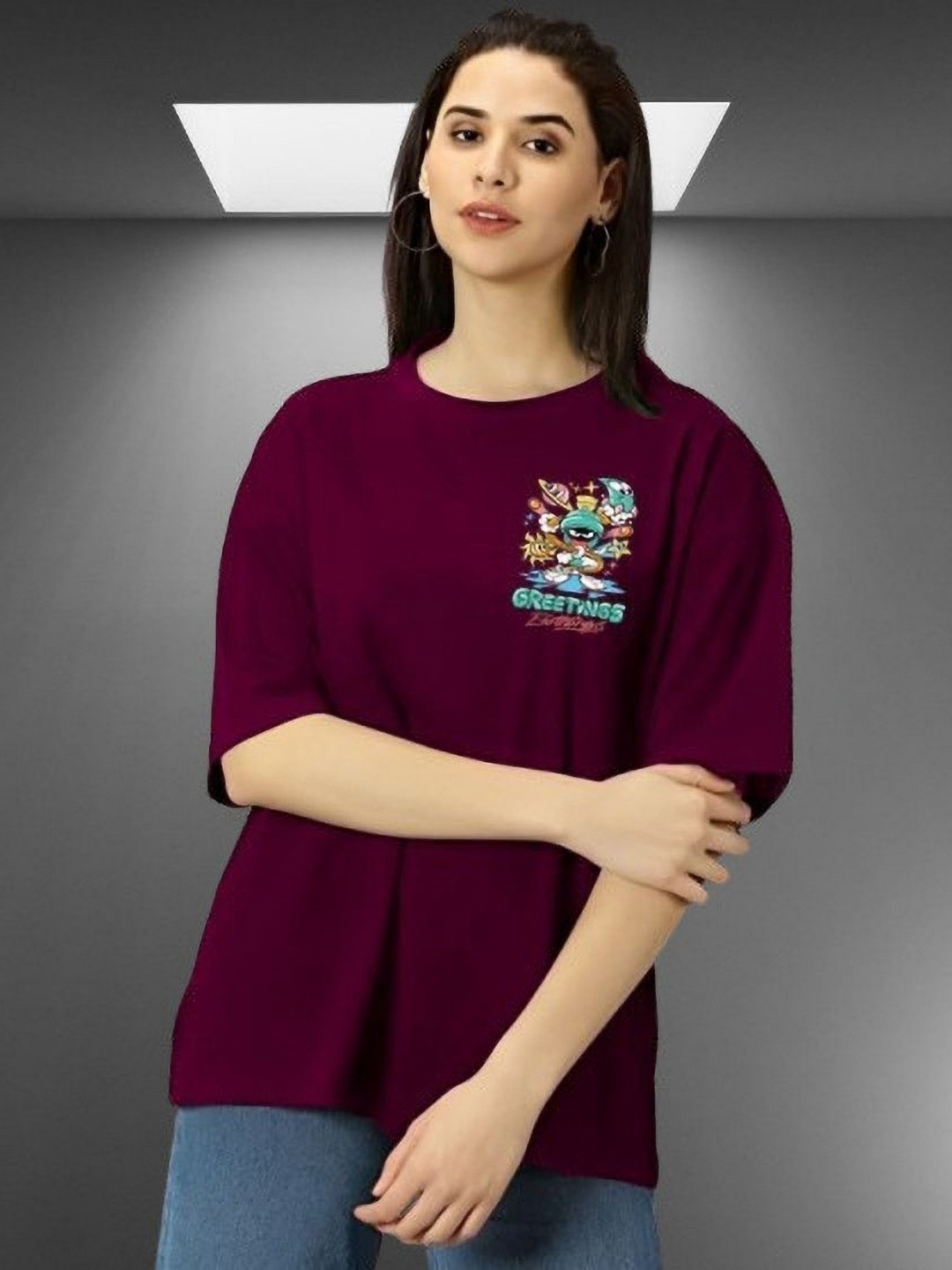 Kasendra Humour And Comic Printed Looney Tunes Drop Shoulder Graphic Oversize Fit T-shirt