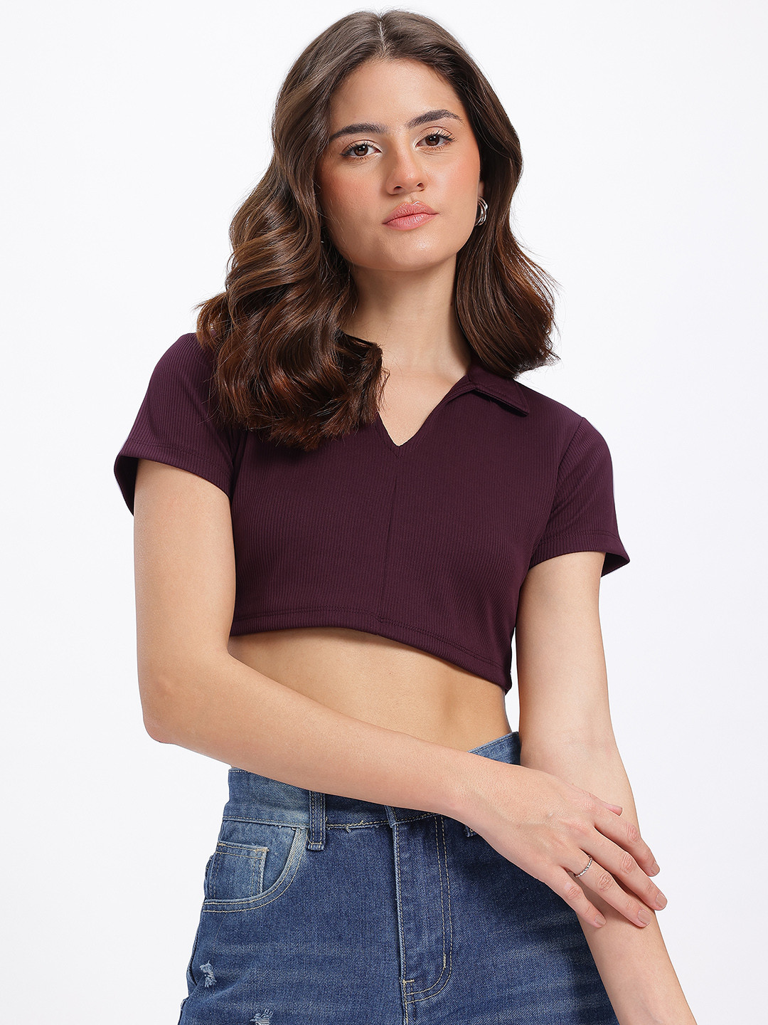 glitchez Burgundy Ribbed Shirt Collar Crop Top