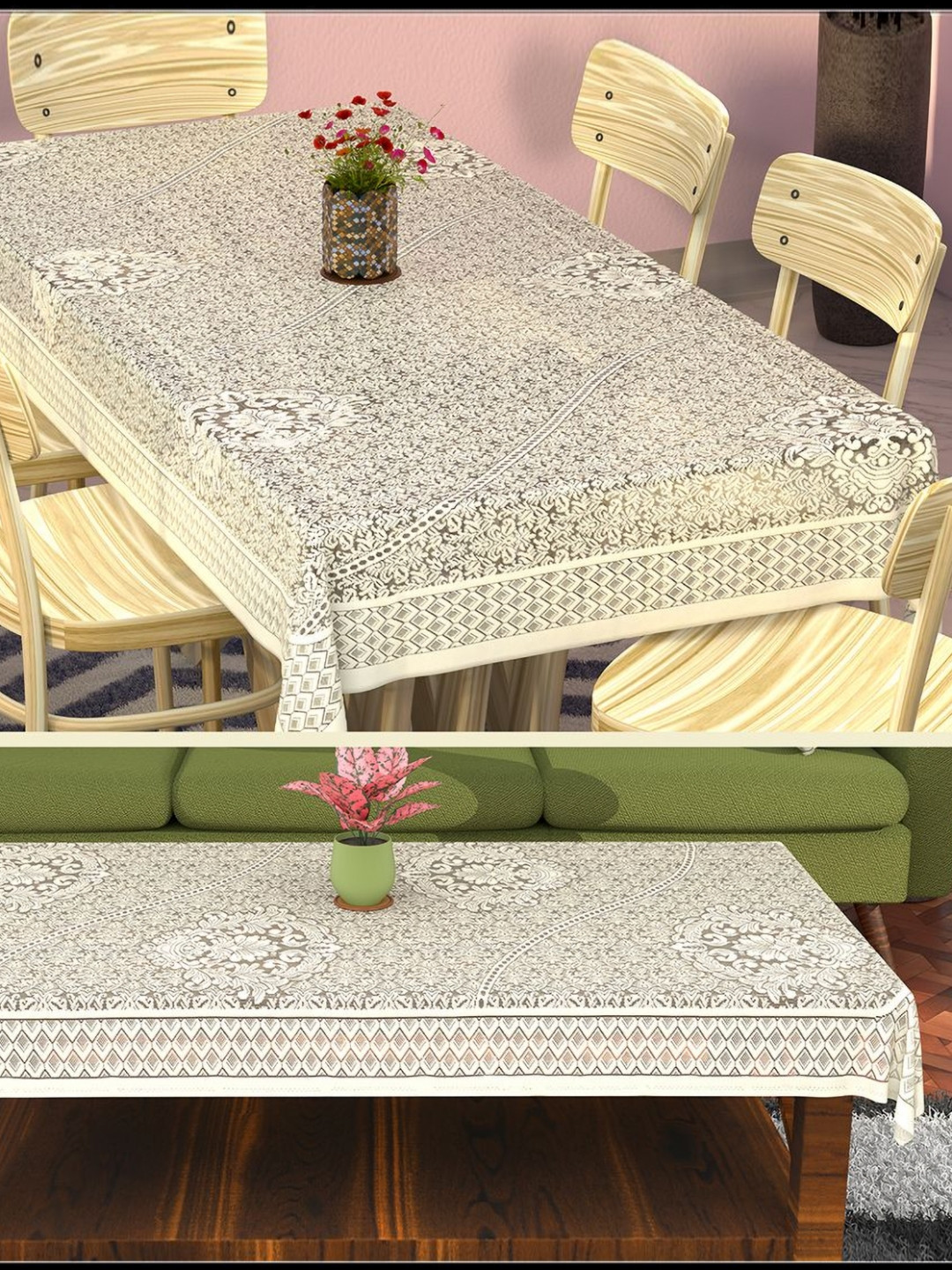 Aura Cream 2 Pieces Cotton 6 Seater Dining Table Cover & 4 Seater Center Table Cover
