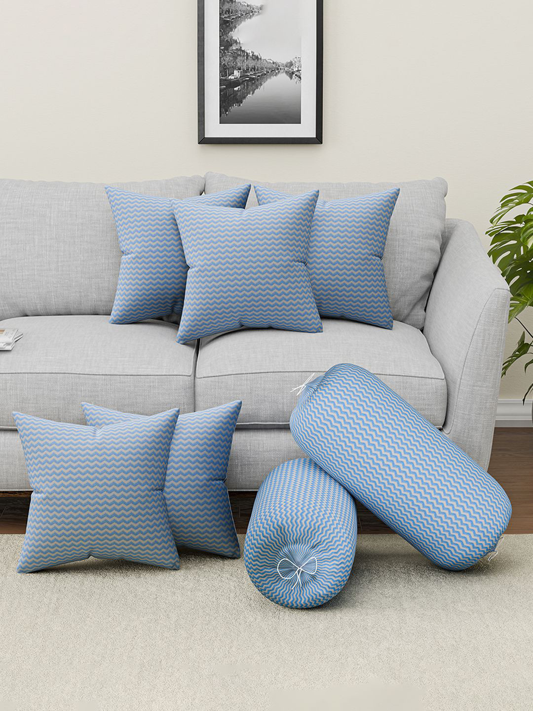 Kuber Industries Blue & Beige 7 Pieces Square Cushion & Bolster Cover