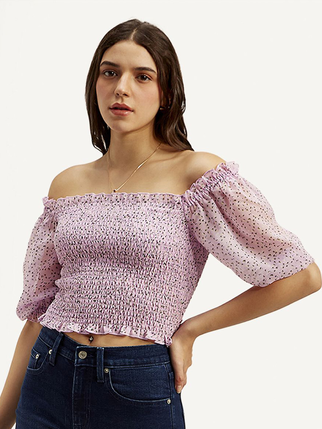 Levis Women Floral Print Smocking Off-Shoulder three-quarter Top