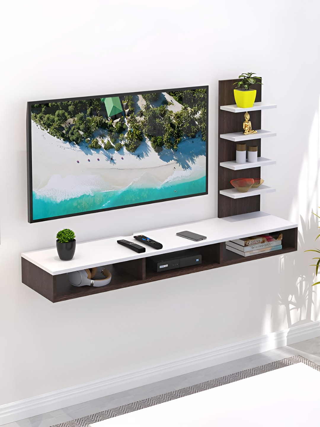 bluewud Primax Brown & White Wooden Wall Mount TV Entertainment Unit