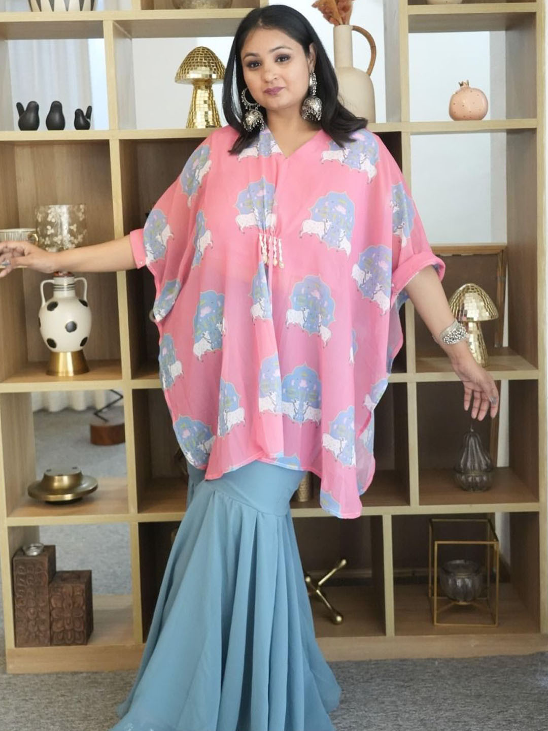 Swadeshi Shringaar Peach & Grey Cow Georgette Sharara Set