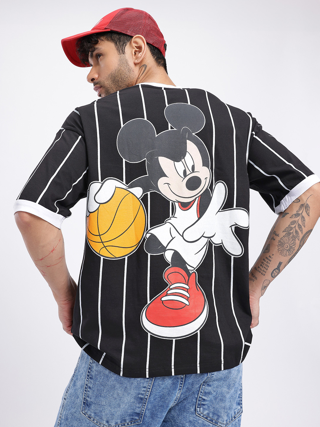 Disney by Glitchez Mickey Mouse Striped V-Neck Oversized Cotton T-shirt