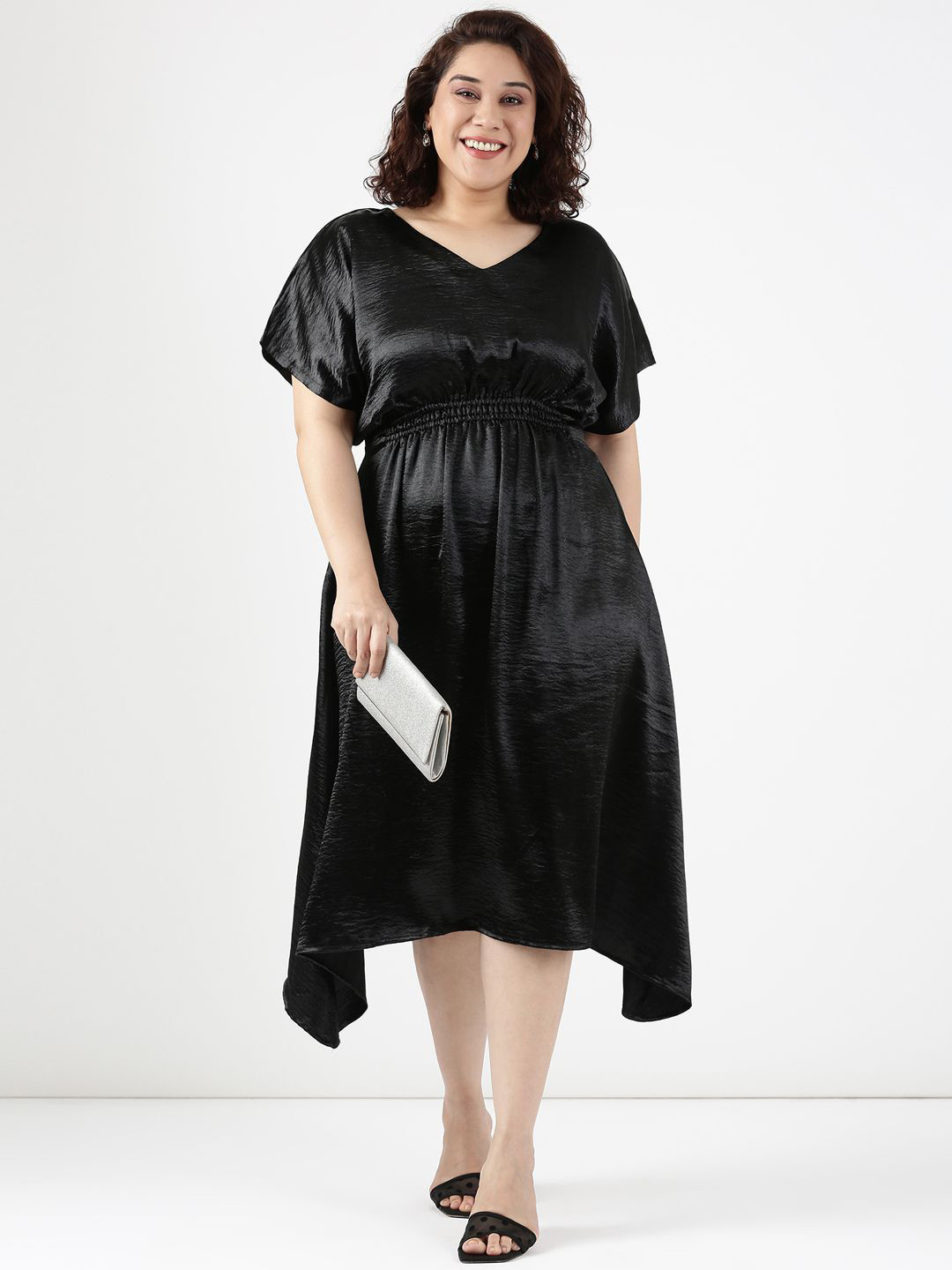 The Pink Moon Women Sleek Black Smocking Fit & Flare Midi Dress