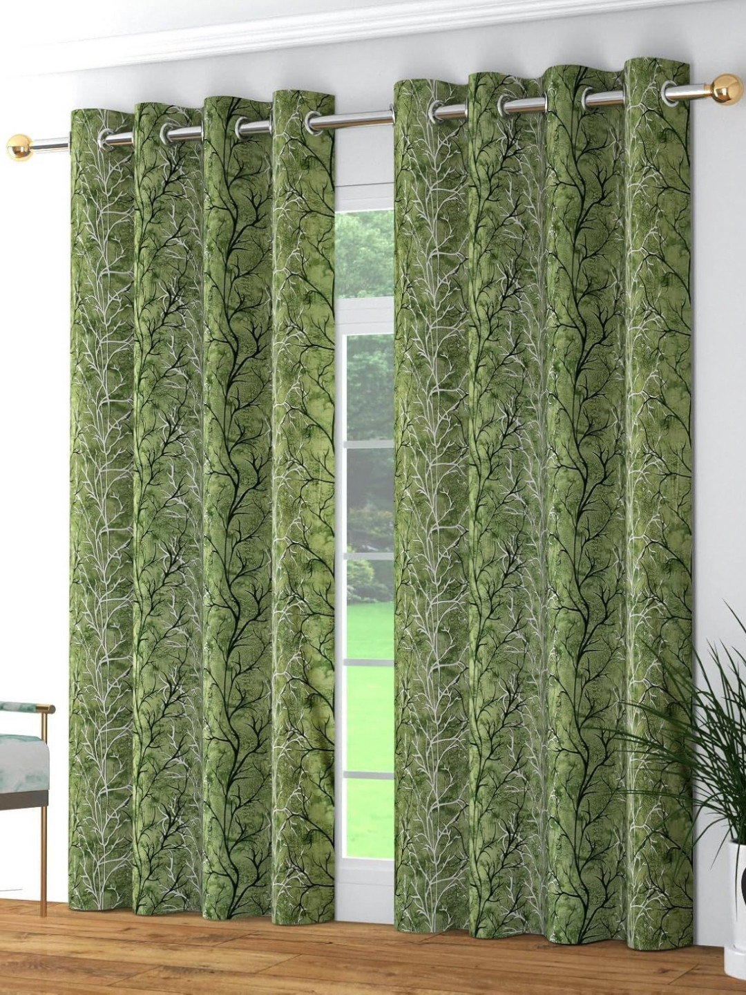 Myntra Elegant Homes Green & Beige 2 Pieces Super Tree Room Darkening Door Curtains