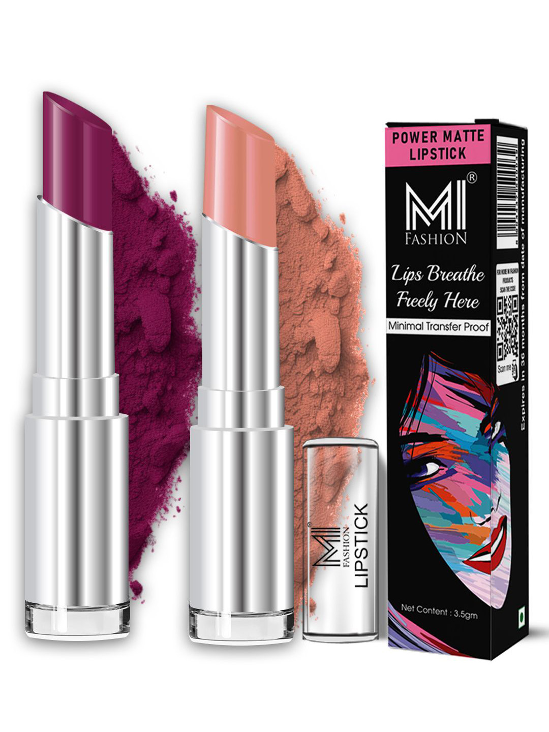 MI FASHION Set Of 2 High Pigment Transfer Proof Power Matte Lipstick -3.5g - 12-25-Nude