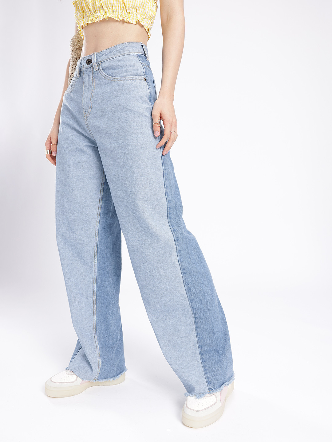 glitchez Women Baggy Fit High-Rise Contrast Panelled Frayed Hem Jeans