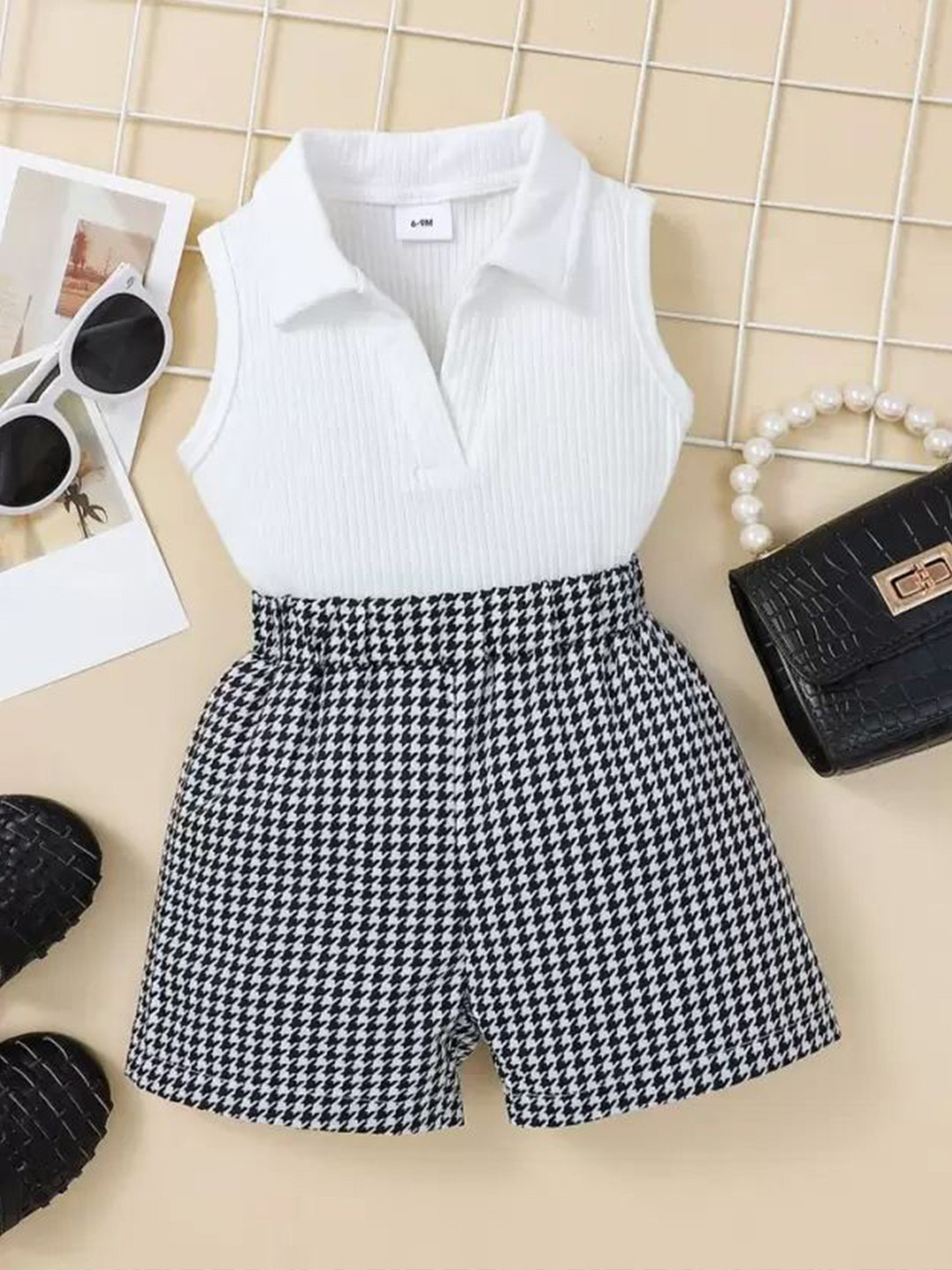 TOGEPI Girls Polo Collar Sleeveless Top with Houndstooth Shorts