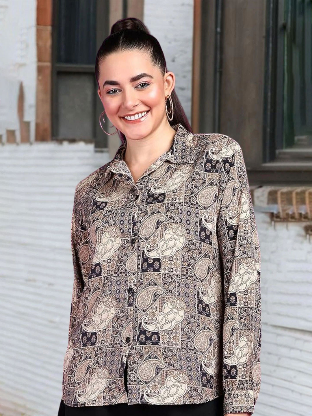 Popwings Ethnic Motifs Printed Spread Collar Smart Shirt