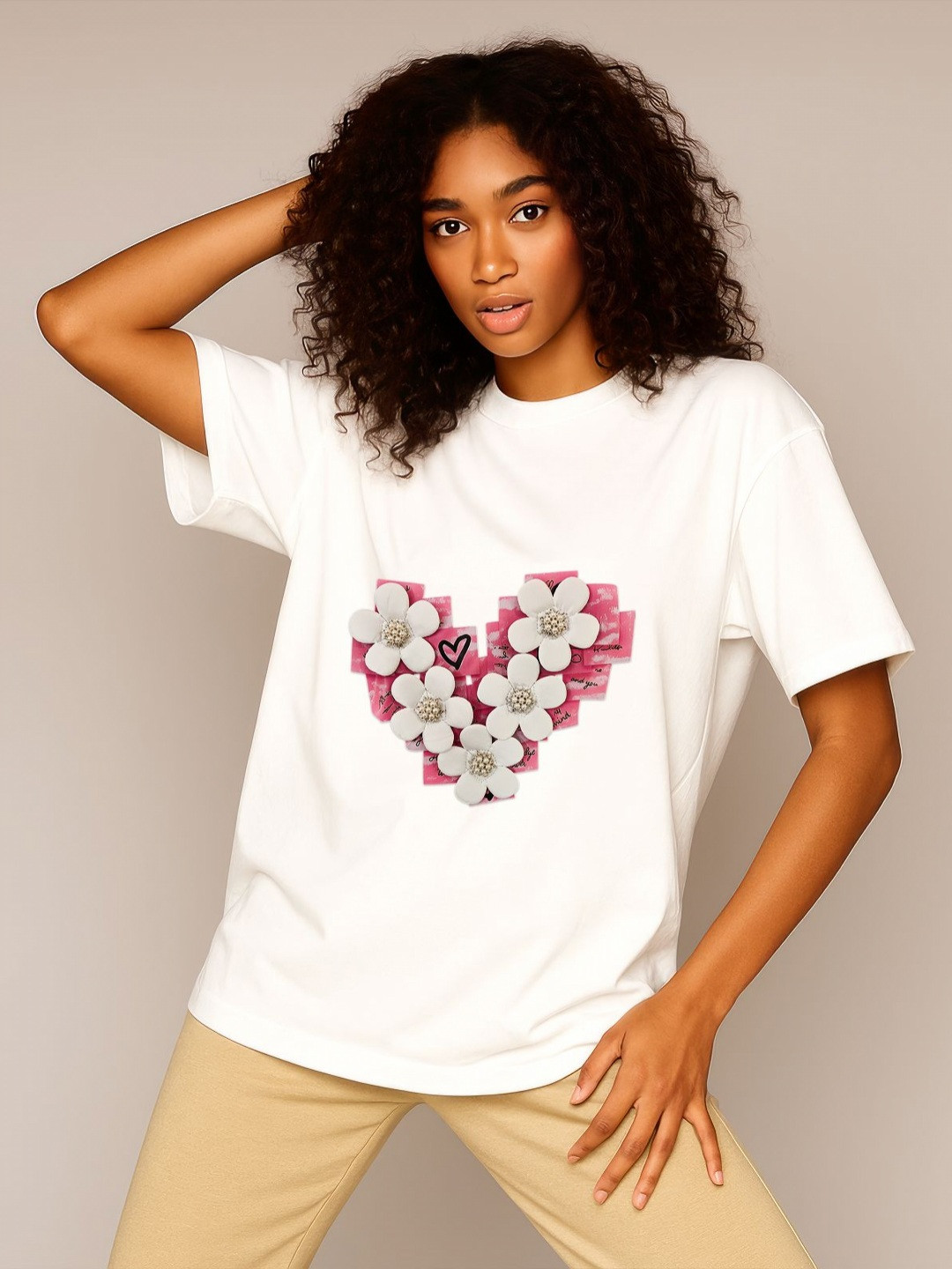GRACE & JACK Women White Love in Bloom 3D Heart & Pearls T-shirt