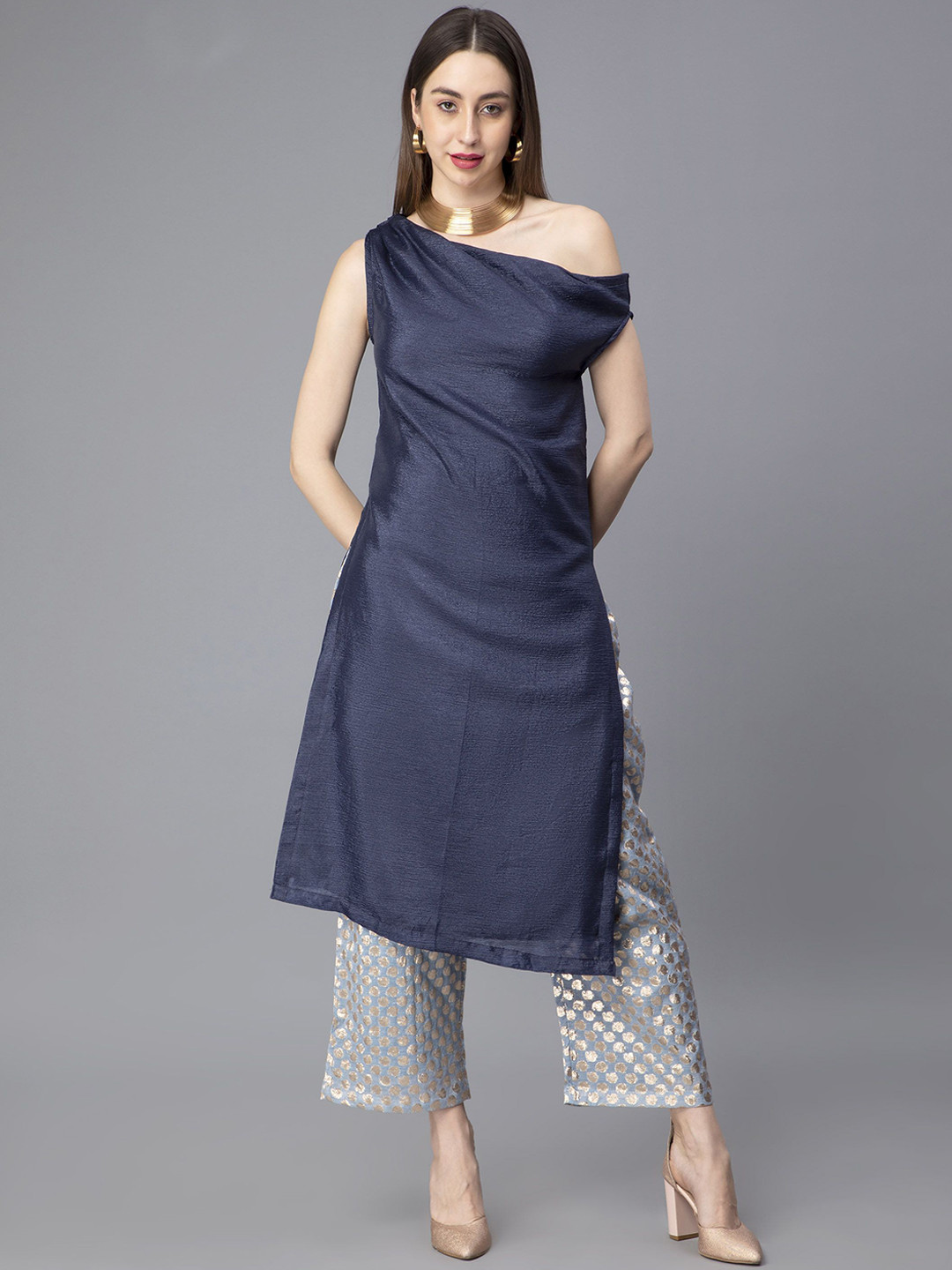 indy Raaga Off Shoulder Tissue Straight Kurta With Trousers