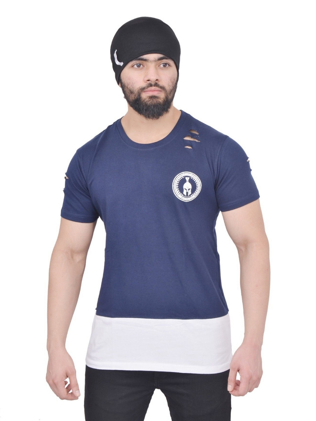Anax Aesthetics Colourblocked Round Neck Regular Fit Distressed Pure Cotton T-Shirt