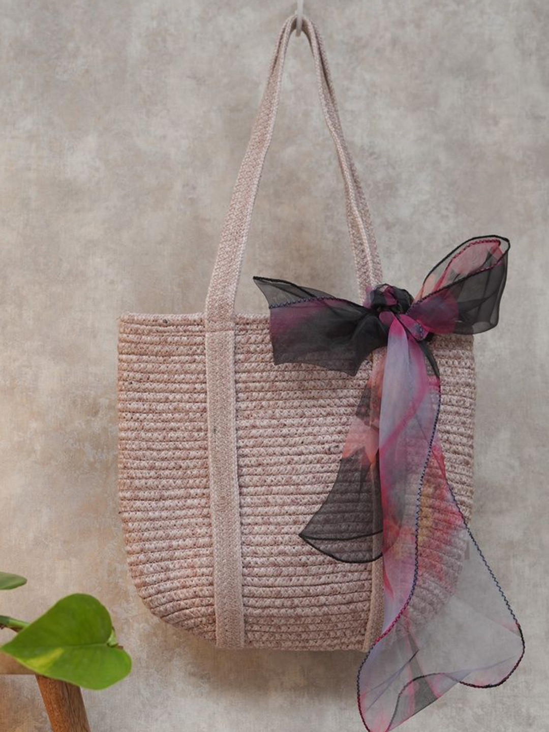 Ariya Women Blue Cotton Blend Handbag with Ribbon