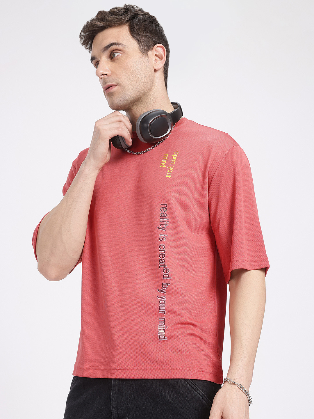 Dusty Pink Typography Printed Drop-Shoulder T-shirt