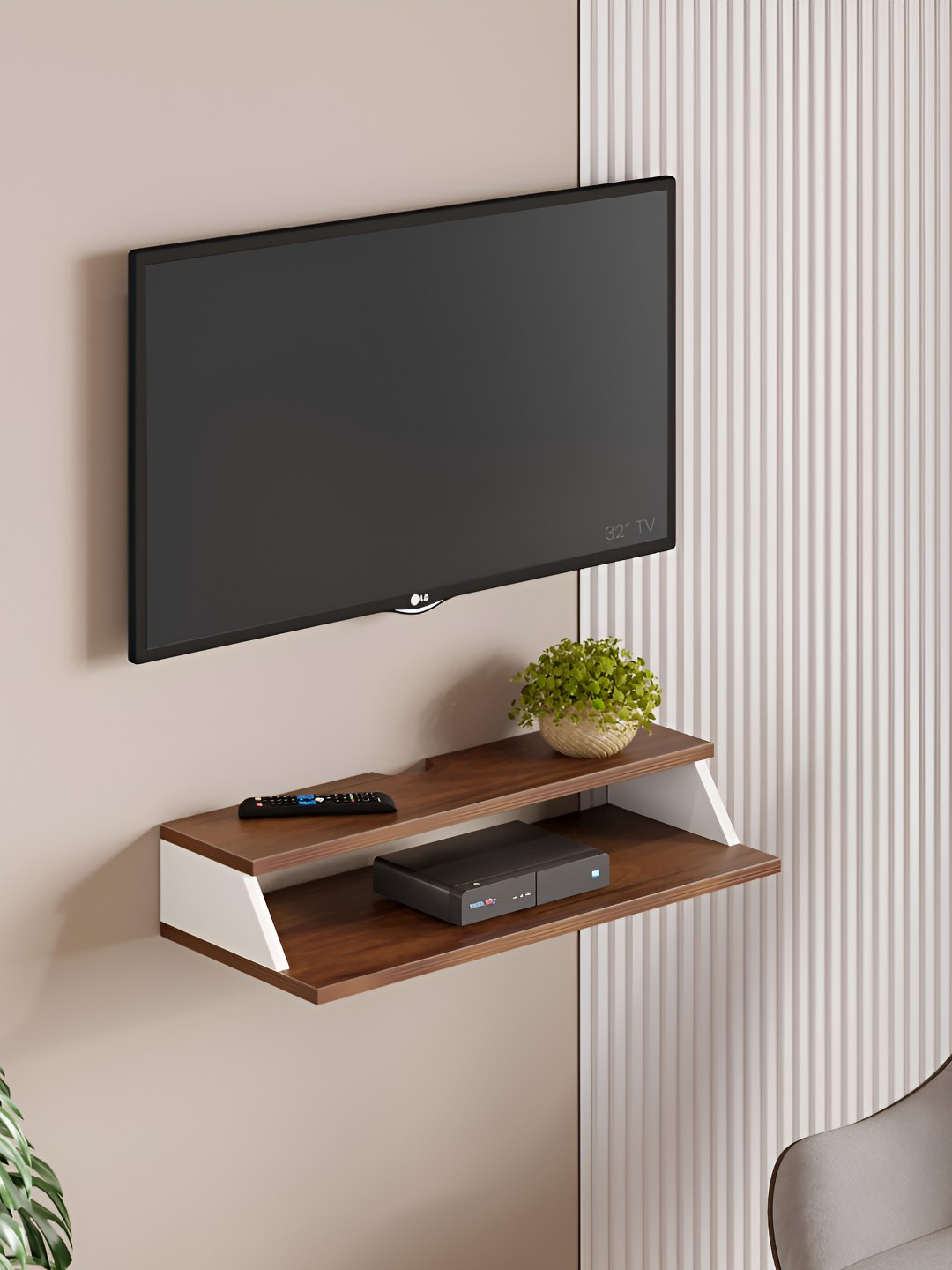 bluewud Brown & White Wooden Standard Wall Mount TV Entertainment Unit