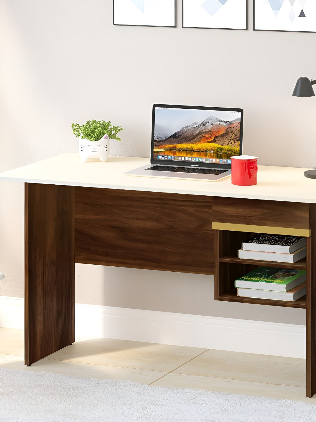 bluewud Brown & White Engineered Wood Study & Computer Table With Drawer