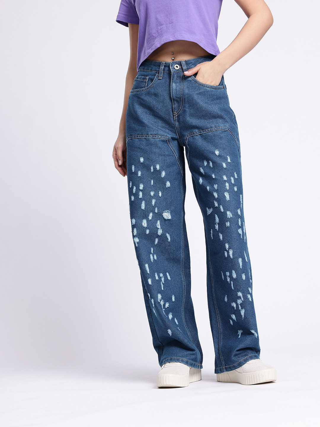 glitchez Women Baggy High-Rise Ripped Jeans