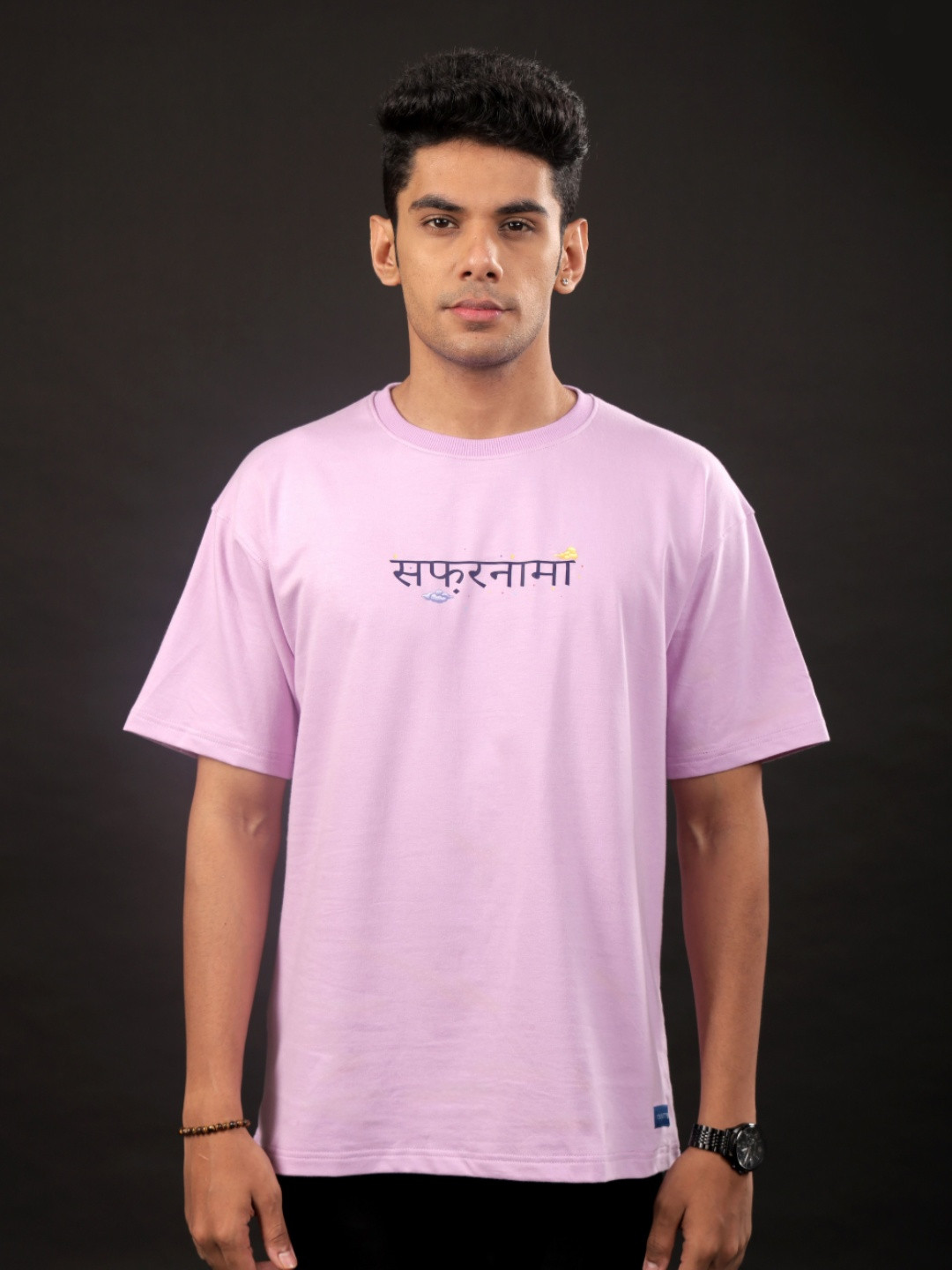 Lavender Typography Printed Short Sleeves Round Neck Regular Fit T-Shirt