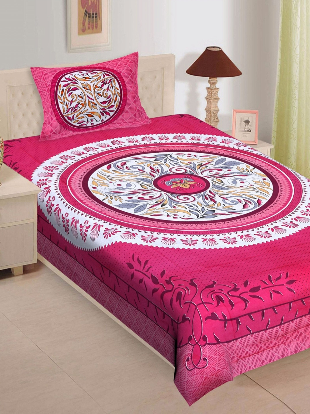 POORAK Loroco Pink Ethnic Motifs Cotton Breathable 104 TC Single Coarse Bedsheet with a Pillow Cover-160.1 x 90 inches