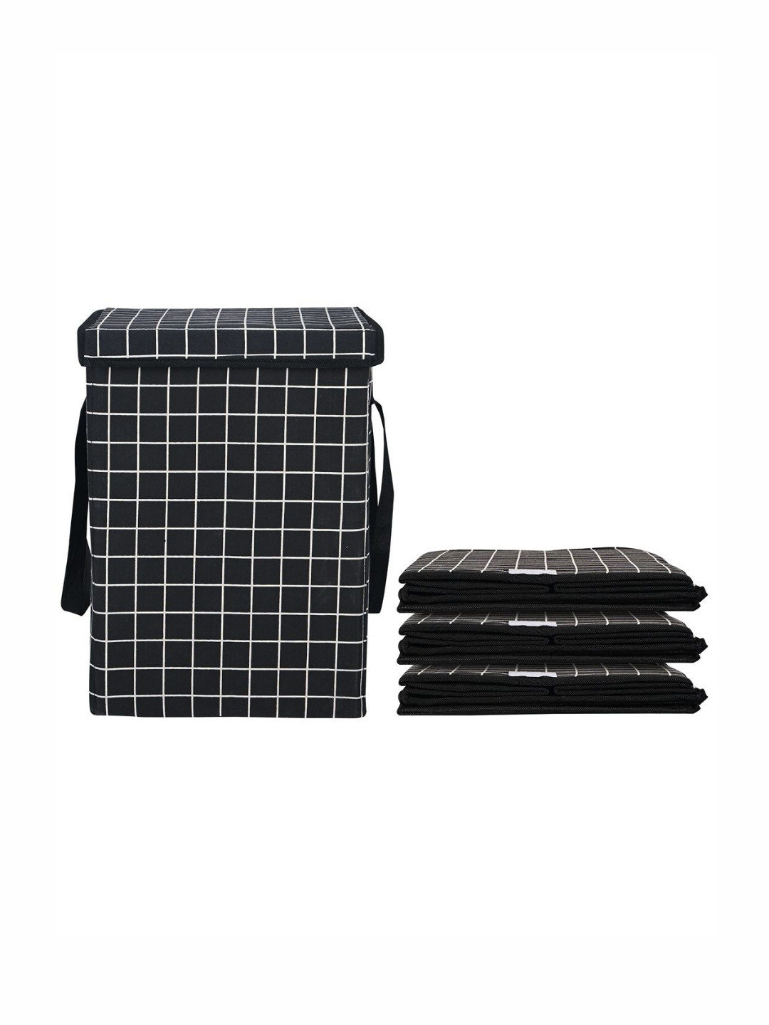 Aura 4Pcs White & Black Checked Foldable Laundry Bags With Lid 75 L Each