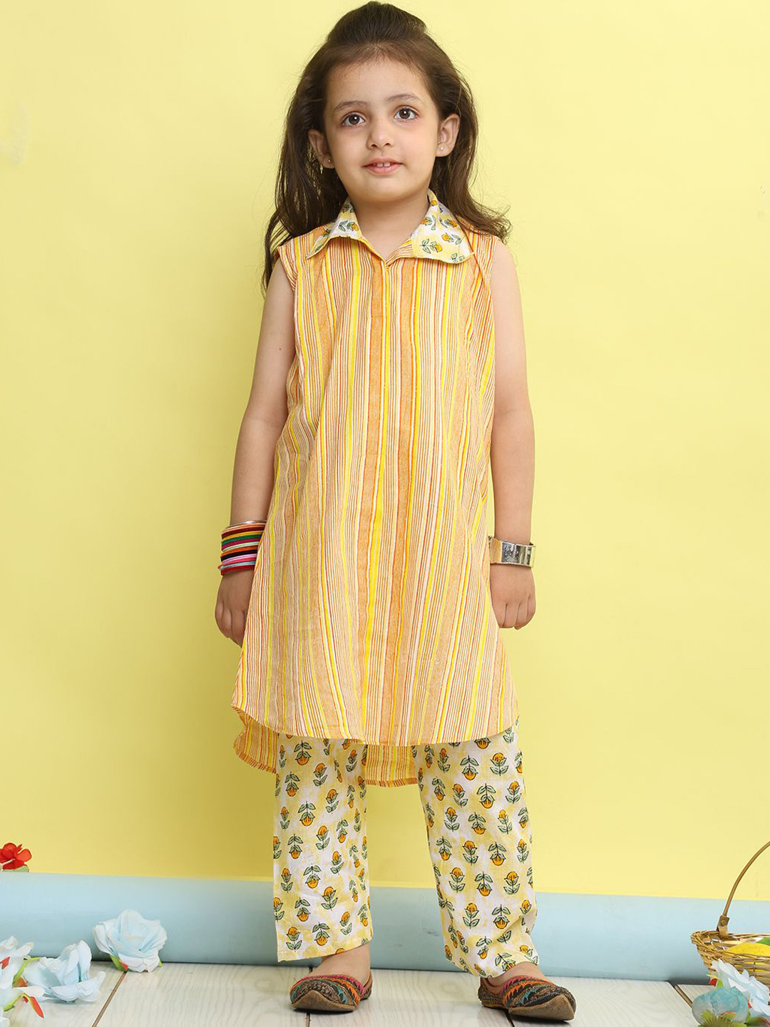 Here&Now X Kinder Kids Girls Stripped Printed Regular Kurti with Floral Printed Palazzos