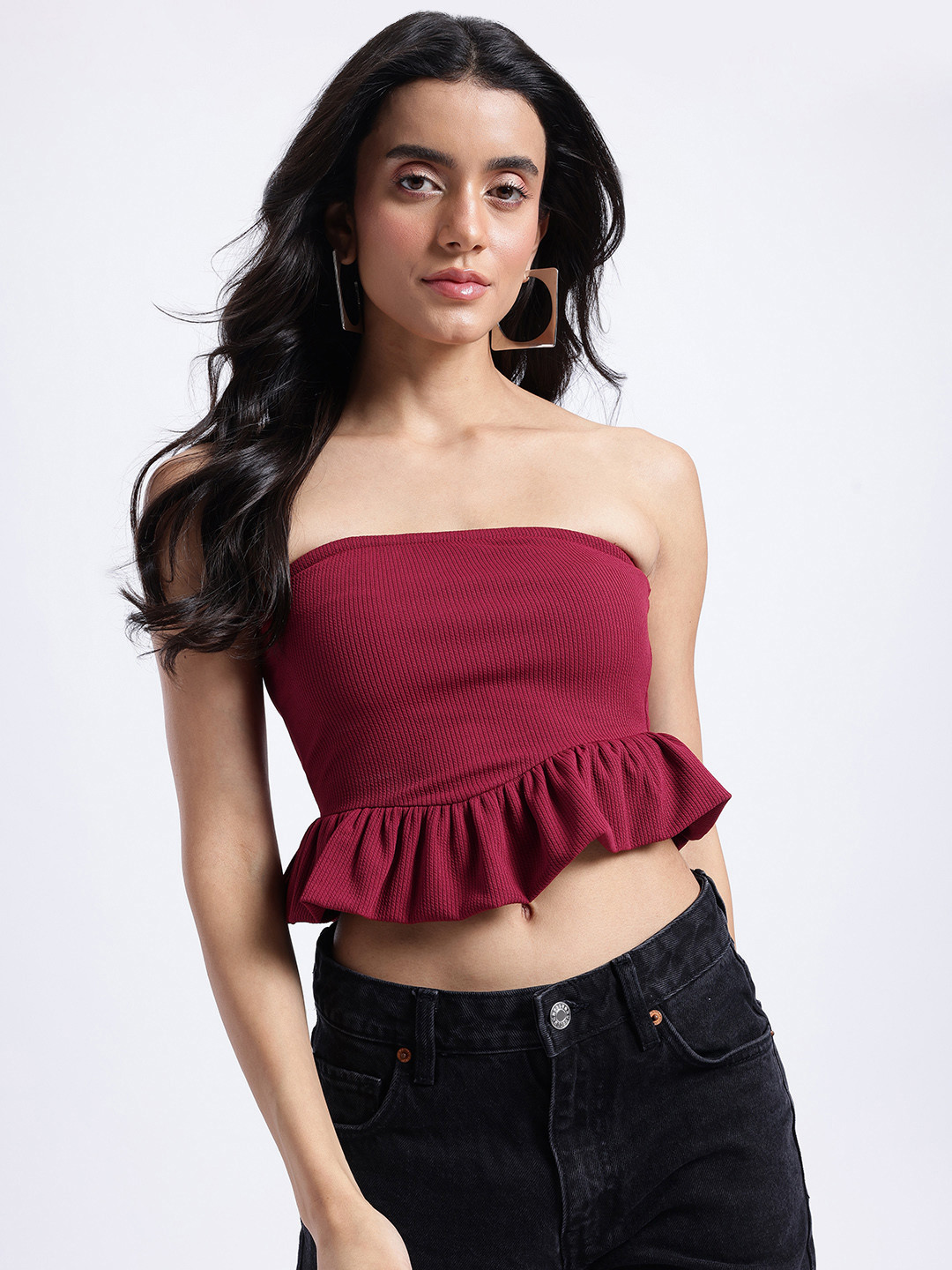 Maroon Ribbed Strapless Crop Top