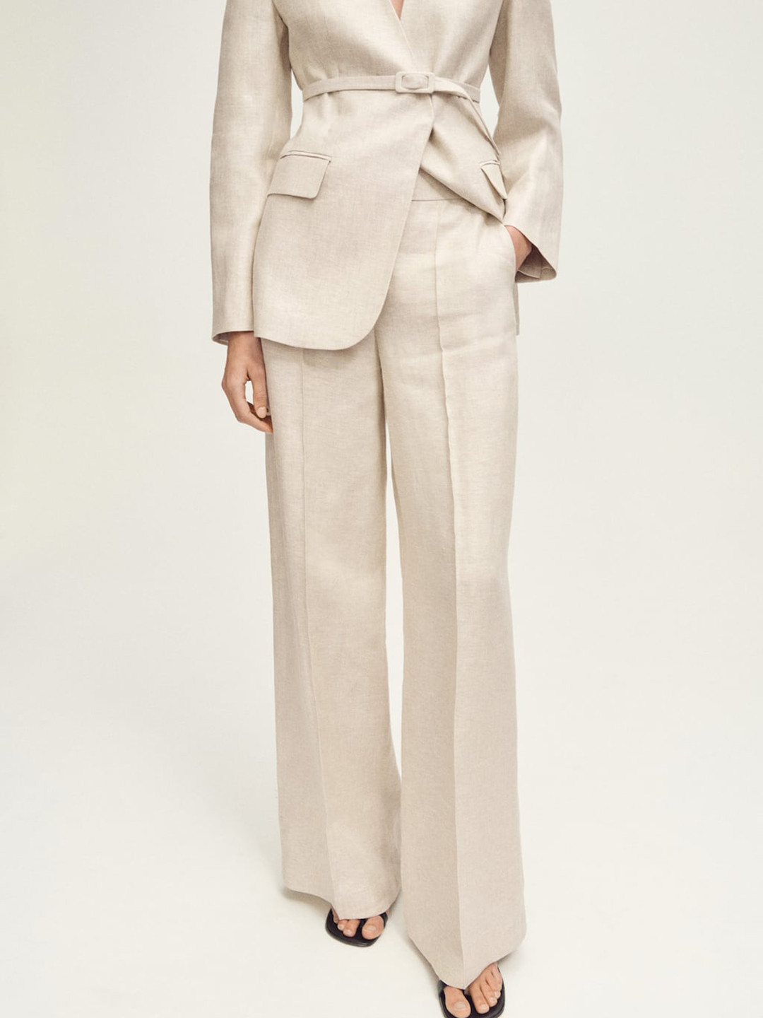 MANGO Women Pleated Mid-Rise Pure Linen Wide Leg Flared Trousers