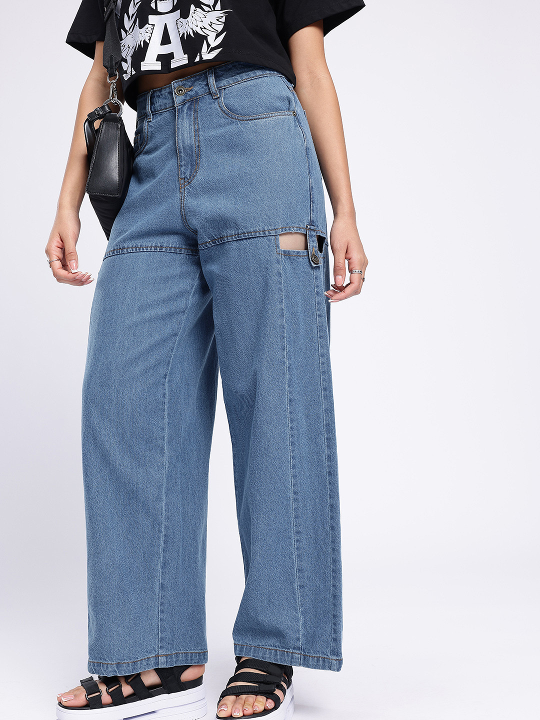 glitchez Women Cut-Out Detailing Baggy Light Fade Jeans