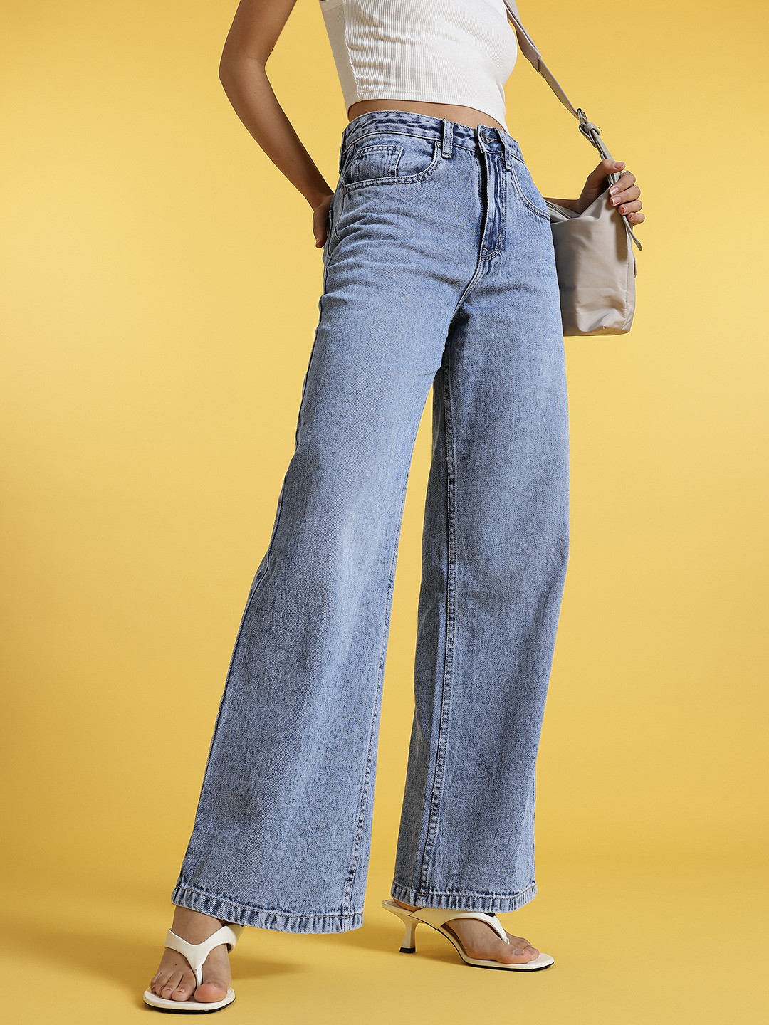 glitchez Women Retro Wide Leg Faded Jeans