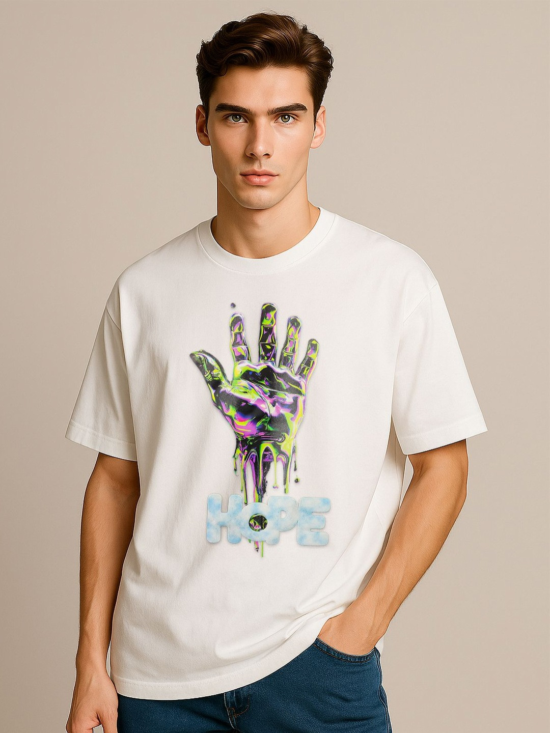 GRACE & JACK Mens Hope 3D Text Graphic Print Round Neck Cotton Oversized T-shirt