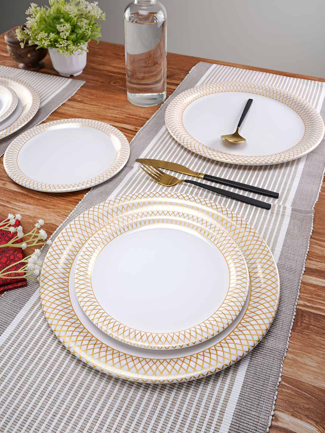 Aura White Round Shaped Textured Designed Melamine Microwave Safe 12 Piece Dinner Set