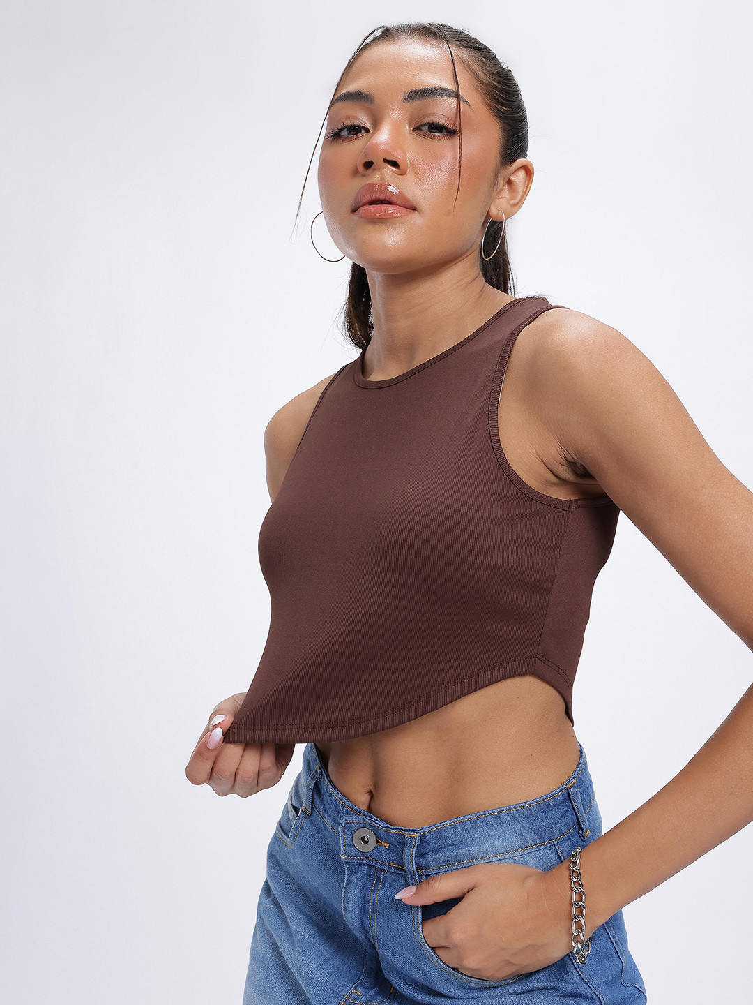 Brown Ribbed Sleeveless Crop Top