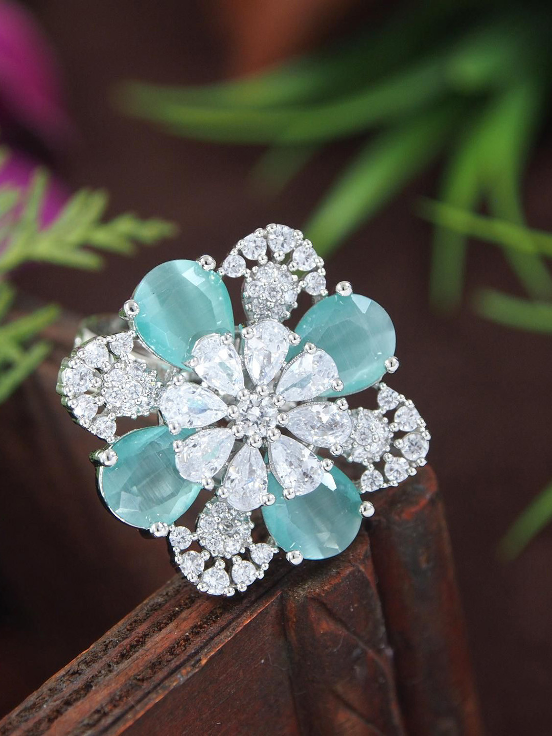 SGA FASHION Silver-Plated Zircon & Ameircan Diamond Studded Finger Ring